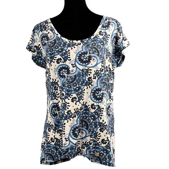 Michael Michael Kors Paisley Cap Sleeve Scoop Neck Top Sz Small Blue White Cream - Picture 1 of 11